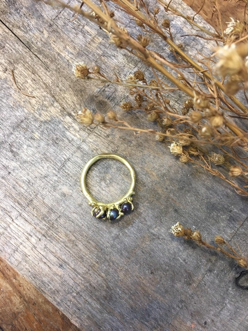 Three black pearl ring real black pearl ring sweet black pearl ring ring of love ring for her handmade crimped ring, maria solorzano