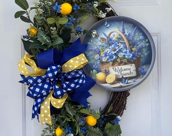 Corona azul limón, decoración de puerta estilo granja veraniega, colgador floral de vid.