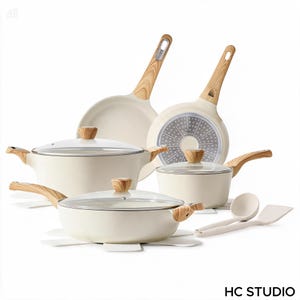 May include: A kitchen cookware set featuring cream-colored pots and pans with light wood-grain patterned handles and knobs. The set includes lidded pots, frying pans, a ladle, and a spatula, all with a smooth finish and clear glass lids.