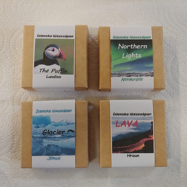Set of Four - Northern Lights - Lava - Glacier - The Puffin - Icelandic soap - Vegan Artisan soaps - Hand made in Iceland