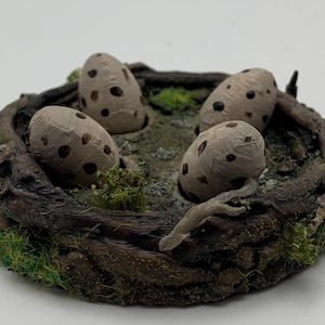 May include: A miniature diorama showing four speckled eggs in a rustic wooden nest. The nest is surrounded by green moss and small plants, creating a natural scene. The eggs are light brown with dark brown spots.