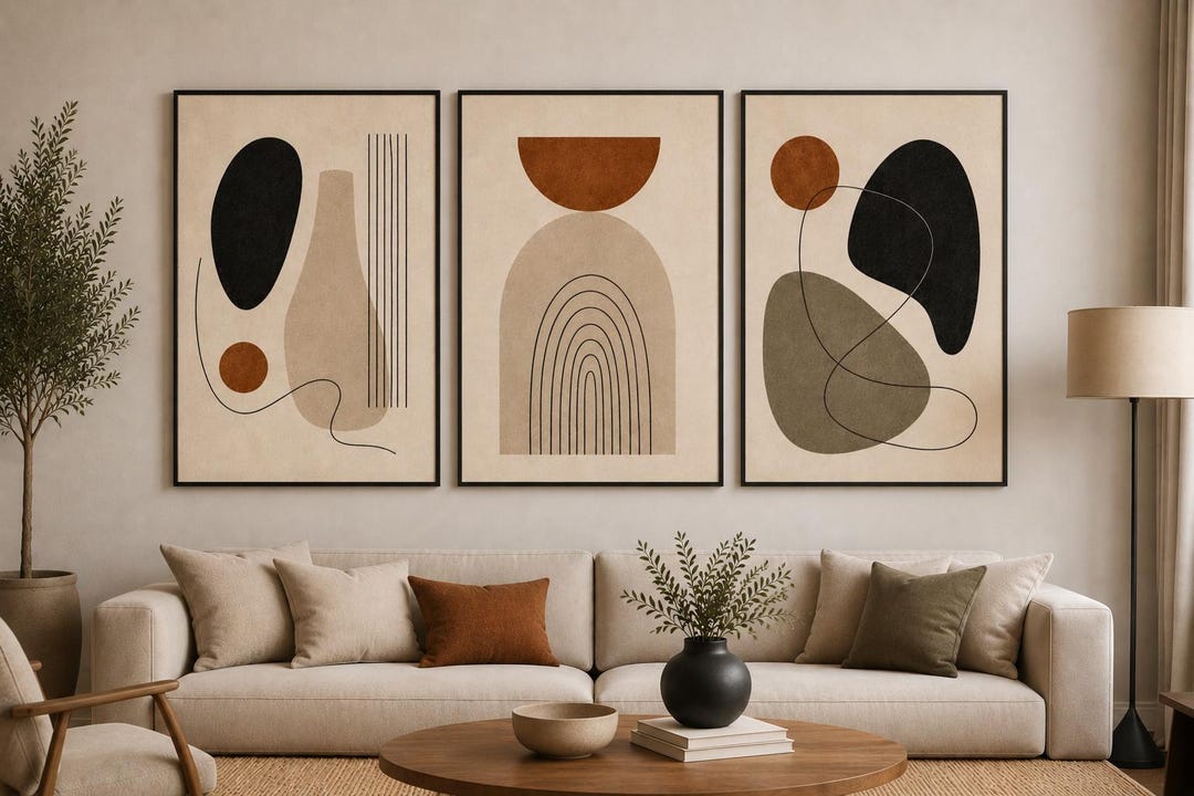 Minimalist Abstract Wall Art Set of 3, Neutral Boho Prints, Mid Century ...