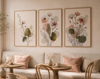 Wildflower Wall Art Set of 3, Boho Floral Line Art Prints, Blush Pink Botanical Poster, Minimalist Home Decor