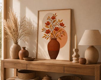 Boho Floral Vase Wall Art Print, Terracotta Botanical Poster, Earthy Flower Illustration, Boho Home Decor