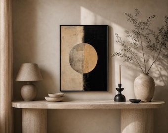 Printabel Abstract Circle Wall Art, Minimalist Black Beige Geometric Painting, Japandi Home Decor (Digital Download)
