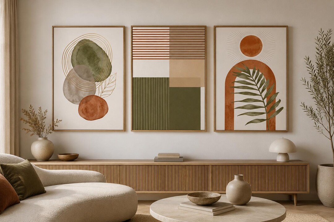 Terracotta Boho Wall Art Set of 3, Abstract Botanical Poster, Olive ...