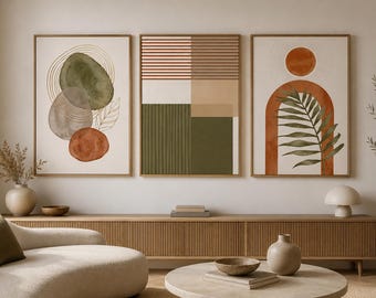 Terracotta Boho Wall Art Set of 3, Abstract Botanical Poster, Olive Green Gallery Wall Decor, Earthy Nature Print