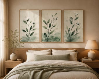 Watercolor Botanical Set of 3, Sage Green Wall Art Prints, Minimalist Leaf Bedroom Decor, Boho Nature Poster