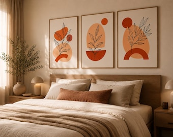 Terracotta Botanical Art Set of 3, Modern Boho Abstract Prints, Warm Neutral Room Decor, Minimalist Line Art, Set of 2 or Single Print.