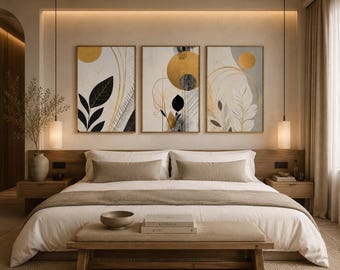 Botanical Wall Art Set of 3, Gold Black Abstract Prints, Minimalist Leaf Poster, Luxury Boho Home Decor