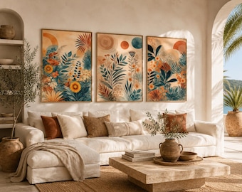Boho Botanical Wall Art Prints, Abstract Floral Sun Moon Poster, Earthy Tones Living Room Decor, Gallery Wall Print Set