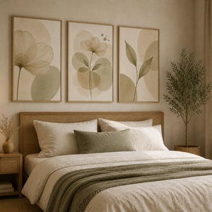 Neutrale botanische muurkunst set van 3, beige bloemenprints, minimalistisch bohodecor, Japandi woonkamer muurkunst.