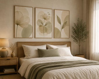 Neutral Botanical Wall Art Set of 3, Beige Floral Prints, Minimalist Boho Decor, Japandi Living Room Wall Art.