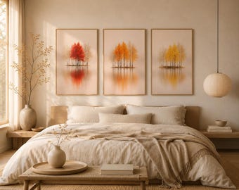Autumn Tree Wall Art, Minimalist Landscape Prints, Neutral Nature, Fall Colors Decor, Modern Beige Wall Art (Set of 1,2,3)