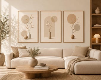 Neutral Botanical Wall Art Set, Beige Minimalist Prints, Japandi Wall Decor, Organic Modern Art, Scandinavian Living Room Decor
