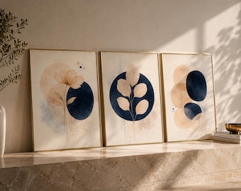 Set of 3 Abstract Blue Botanical Art Print – Navy and Beige Modern Leaf Illustration, Boho Coastal Wall Decor, Modern Folk Art Poster