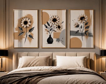 Sunflower Wall Art Set of 3, Neutral Floral Prints, Luxury Botanical Decor, Beige Modern Wall Art.