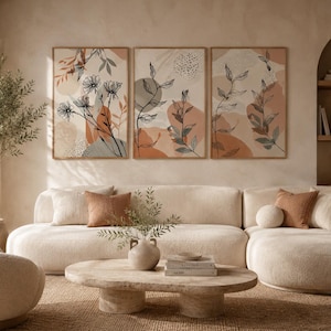 Boho Botanical Wall Art Set of 3, Terracotta Sage Green Abstract Leaves Prints, Earthy Living Room Decor, Nature Triptych Poster