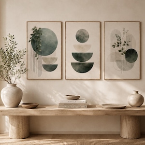 Abstract Botanical Triptych Wall Art – Green and Beige Leaf Prints, Modern Boho Nature Illustration, Large 3 Piece Canvas Set