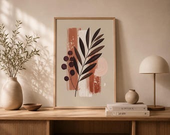 Boho Botanical Wall Art Print, Dark Leaf Terracotta Poster, Abstract Eucalyptus Home Decor, Minimalist Nature Print