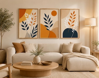 Modern Botanical Wall Art Set of 3, Mid Century Abstract Prints, Terracotta & Navy Blue Decor, Scandinavian Living Room Artwork.