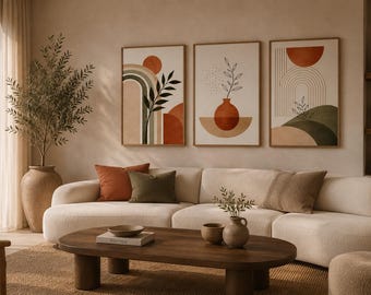 Terracotta Arch Botanical Wall Art, Mid Century Modern Boho Prints, Earthy Living Room Decor, Abstract Print - Set of 1, 2 or 3