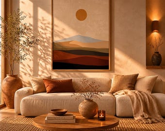 Printable Abstract Landscape Wall Art Print, Boho Mountain Desert Sunset, Terracotta Earth Tones, Minimalist Boho Home Decor