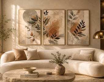 Watercolor Leaf Prints Set of 3, Terracotta Beige Nature Art, Earthy Boho Living Room Decor, Sage Green Botanical Wall Art