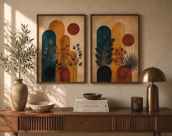 Boho Arch Wall Art Set of 2, Mid Century Botanical Prints, Terracotta Teal Earth Tones, Abstract Nature Home Decor