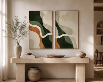 Abstract Wave Wall Art Set of 2, Sage Green Forest Print, Organic Shape Boho Decor, Modern Living Room Art