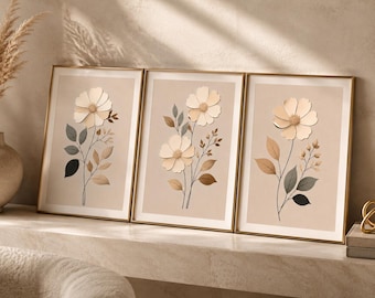 Neutral Floral Wall Art Set of 3, Luxury Botanical Prints, Beige Flower Decor, Elegant Bedroom Wall Art, Soft Minimalist Artwork.