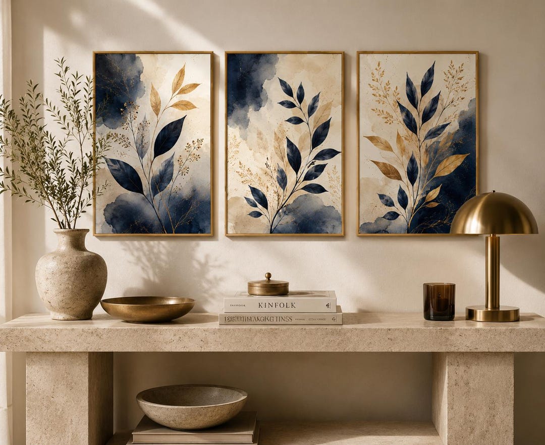 Navy Blue and Gold Botanical Wall Art Set of 3, Watercolor Leaf Prints ...