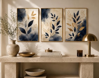 Navy Blue and Gold Botanical Wall Art Set of 3, Watercolor Leaf Prints, Indigo Boho Living Room Decor, Elegant Nature Triptych Poster