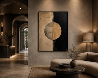 Abstract Circle Wall Art Print, Minimalist Black Beige Geometric Painting, Japandi Home Decor, Modern Art Print