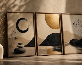 Zen Wall Art Set, Japandi Landscape Prints, Neutral Meditation Decor, Wabi Sabi Wall Art, Luxury Minimalist Artwork.