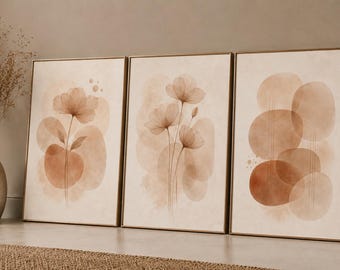 Beige Botanical Triptych Prints, Minimalist Floral Wall Art Set of 3, 2 or 1, Neutral Boho Gallery Wall Decor, Earth Tone Abstract Posters
