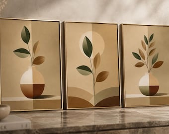 Neutral Botanical Wall Art Set of 3, Modern Vase Print, Organic Minimalist Decor, Beige Boho Wall Art.