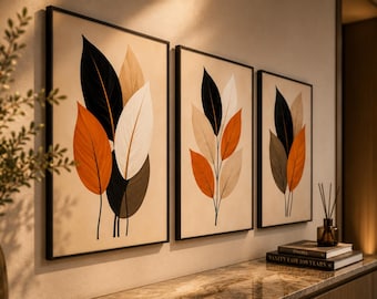 Botanical Wall Art Set of 3, Modern Neutral Leaf Prints, Black Beige Terracotta Decor, Organic Modern Wall Art, Set of 2 or Single Print.
