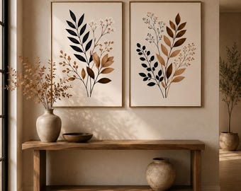 Set of 2 Neutral Botanical Beige Flower Print – Minimalist Abstract Floral Wall Art