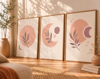 Pink Botanical Wall Art Set of 3, Blush Moon Print, Soft Neutral Wall Decor, Boho Botanical Artwork.