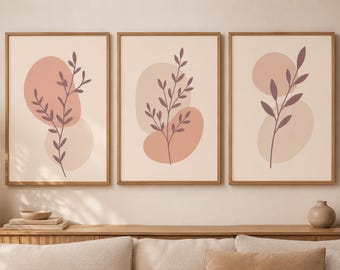 Blush Botanical Wall Art Set of 3, Pink Minimalist Prints, Neutral Bedroom Decor, Soft Boho Wall Art.