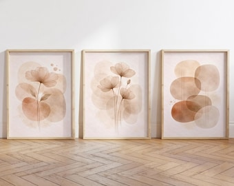 Printable Botanical Wall Art Set of 3, Beige Floral Triptych Digital Download, Abstract Earth Tone Decor, Modern Neutral Boho, Instant Print
