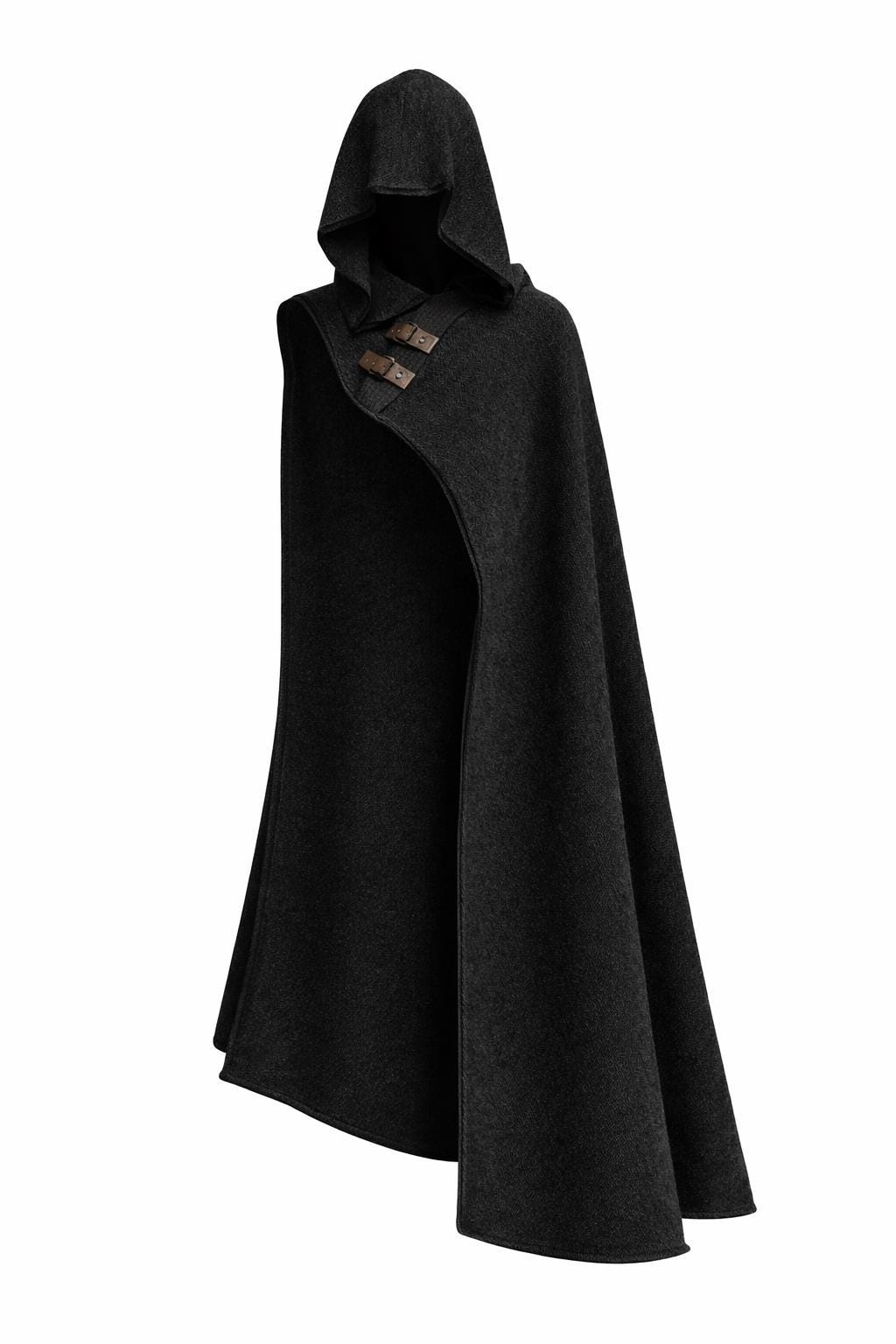 Black Wool Hooded Cloak for Men & Women - Medieval Cape with Leather Straps