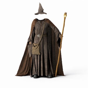 Strój Czarodzieja Szarego dla Mężczyzn | Zestaw średniowiecznej szaty maga, płaszcza i kapelusza | Fantastyczny strój cosplay