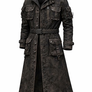 May include: A long, dark brown hooded coat with multiple pockets and a belt. The coat has a distressed, weathered appearance, with a button-up front and a zipper on the chest. The sleeves have adjustable cuffs. This coat is suitable for cosplay or a unique fashion statement.