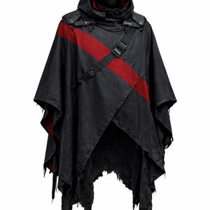 May include: Black hooded poncho with a red stripe across the chest. The poncho has a distressed, torn hemline and a black strap with a buckle. The hood has a red lining. This garment is suitable for cosplay or costume events.