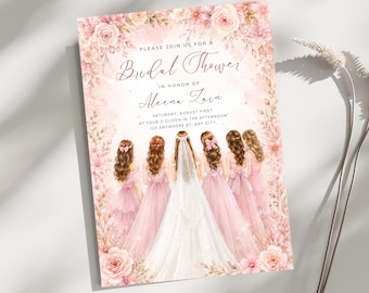 Bridal Shower Invitation Template Pink Floral Bridal Shower Invite Bride & Bridesmaids Watercolor Invitation Instant Download Digital Invite