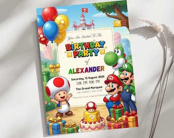Super Mario Birthday Invitation Template, Mario Bros Party Invite, Super Mario Birthday, Princess Peach Canva Editable Invitation Download