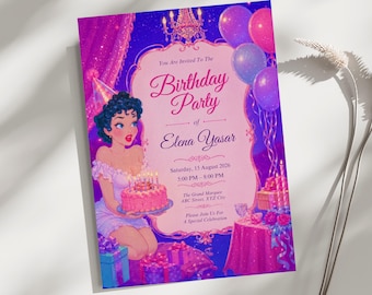 Vintage Glam Birthday Invitation Template, Coquette Birthday Party Invite, Editable Canva Birthday Invitation, Retro Doll Birthday Download