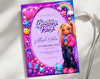 Bratz Birthday Invitation Template, Y2K Glam Party Invite, Editable Canva Birthday Card, Pink Aesthetic Printable Celebration Download